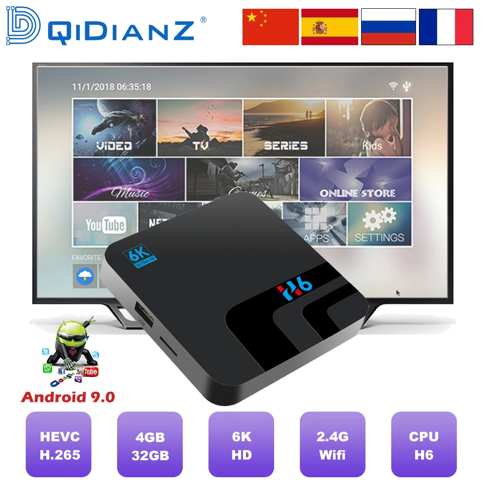 Q плюс Смарт ТВ BOX Android 9,0 H6 Quadcore Cortex-A53 4G+ 32G 2,4G WI-FI 6 K H.265 USB 3,0 Neftflix Google Декодер каналов кабельного телевидения
