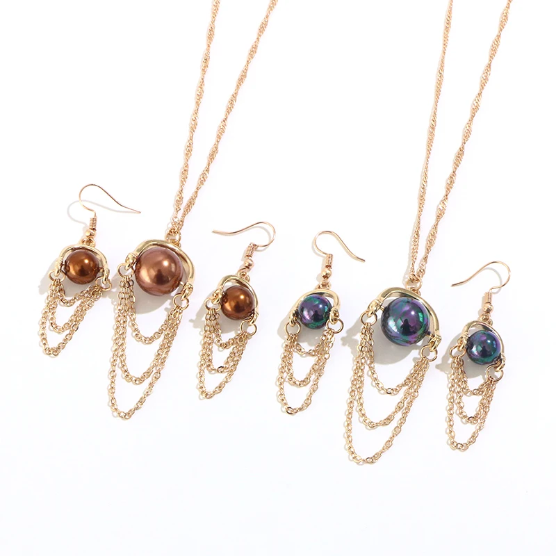 

KOMi Polynesia Hawaii Long Tassel Chain Pendant Glass Imitation Pearl Lady Necklace and Earring Set Fashion Jewelry aleación