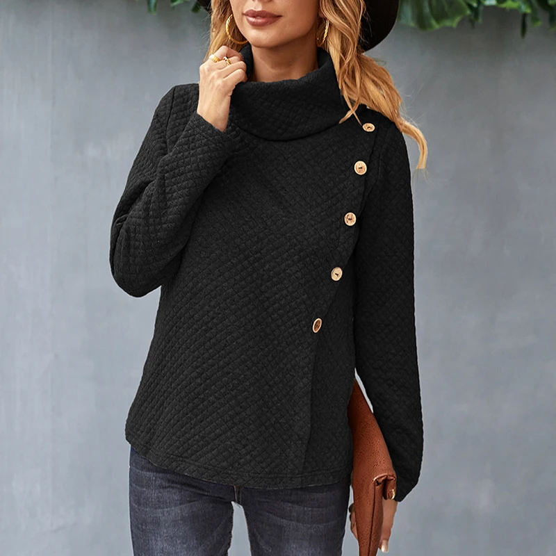 

Autumn Winter Patchwork Buttons Casual Tops Shirt Fashion Women Turtleneck Sweatshirts Clothing Long Sleeve Warm Loose Pullover
