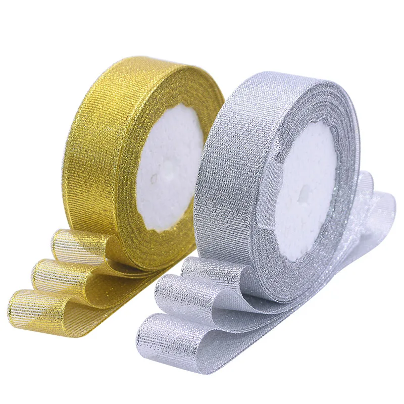 

25yard/roll Width 1cm-2.5cm Golden Silver Glitter Ribbon Metallic Luster DIY Craft Wedding Birthday Cake Decor Gift Boxes Ribbon