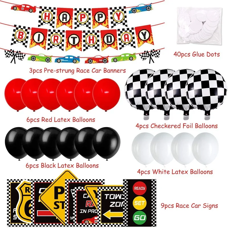 Conjunto de decoraci&oacute;n con tem&aacute;tica de coches de carreras, cartel Indicador de feliz cumplea&ntilde;os, fiesta, banderines, globos, tel&oacute;n de fondo-3