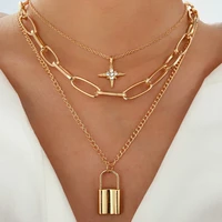 boho retro simple star lock pendant thick link chain multilayer chain necklace for women creative trendy gold necklace collier