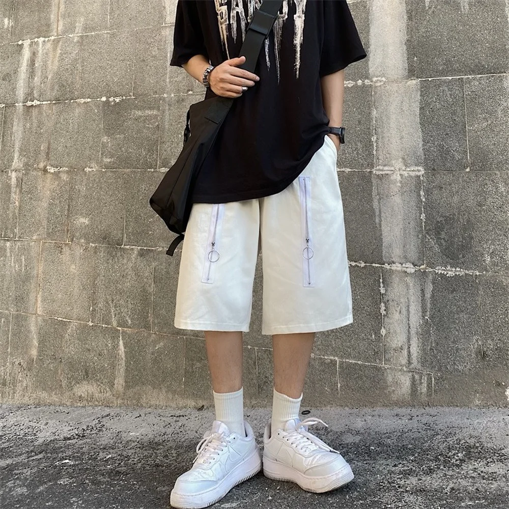 

Men's Zipper Shorts Causal Streetwear 2021 Summer Korean Style Hip Hop Running Short Man Cotton Kpop Vintage Elastic Waist Pants