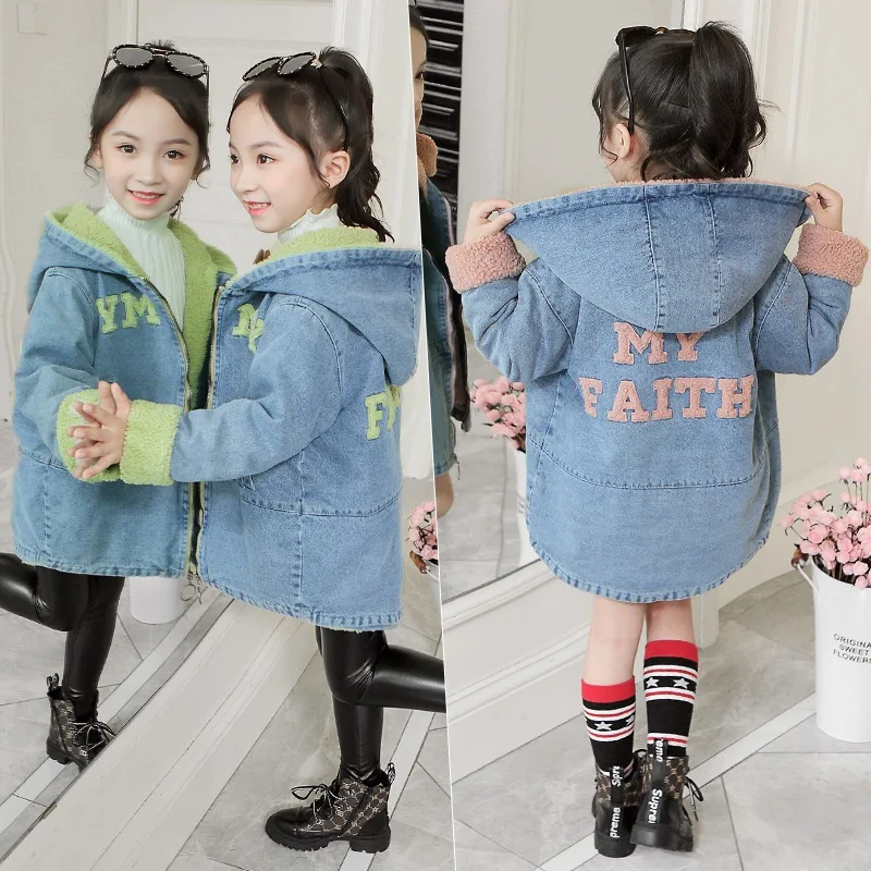 

Girls Baby's Kids Coat Jacket Outwear 2022 Blue Jean Thicken Warm Winter Autumn Top Cotton Teenager Fleece Children's Clothing