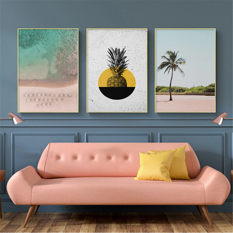 Пейзаж холст Постер в скандинавском стиле розовый океан пляж цитата Пальмовая