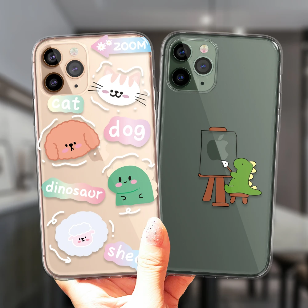 For iPhone 11 12 13 Pro XS Max Mini 8 7 Plus 6S 6 X XR 5S SE 2020 Protective Case Cute Dinosaur Baby Couples Soft Silicone Cover