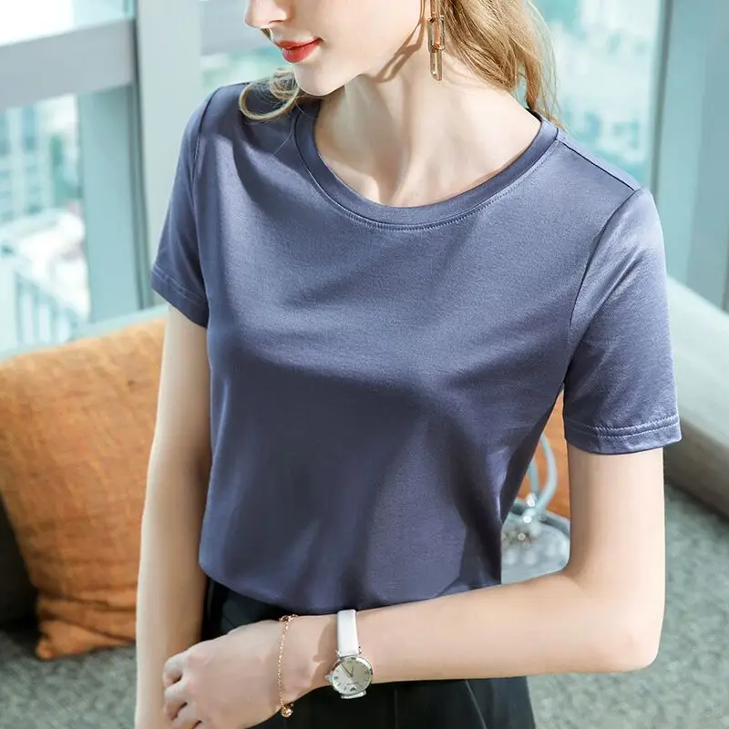 

Short-sleeved t-shirt women's summer 2021 new style women's ice silk loose basic half-sleeved round neck solid color top