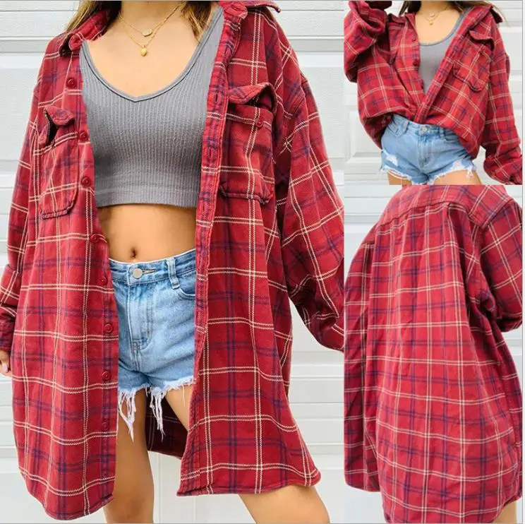 

S-XL Casual Young Women Button Down Shirt, Long Sleeve Loose Lapel Plaid Print Blouse with Pockets , Red/Blue