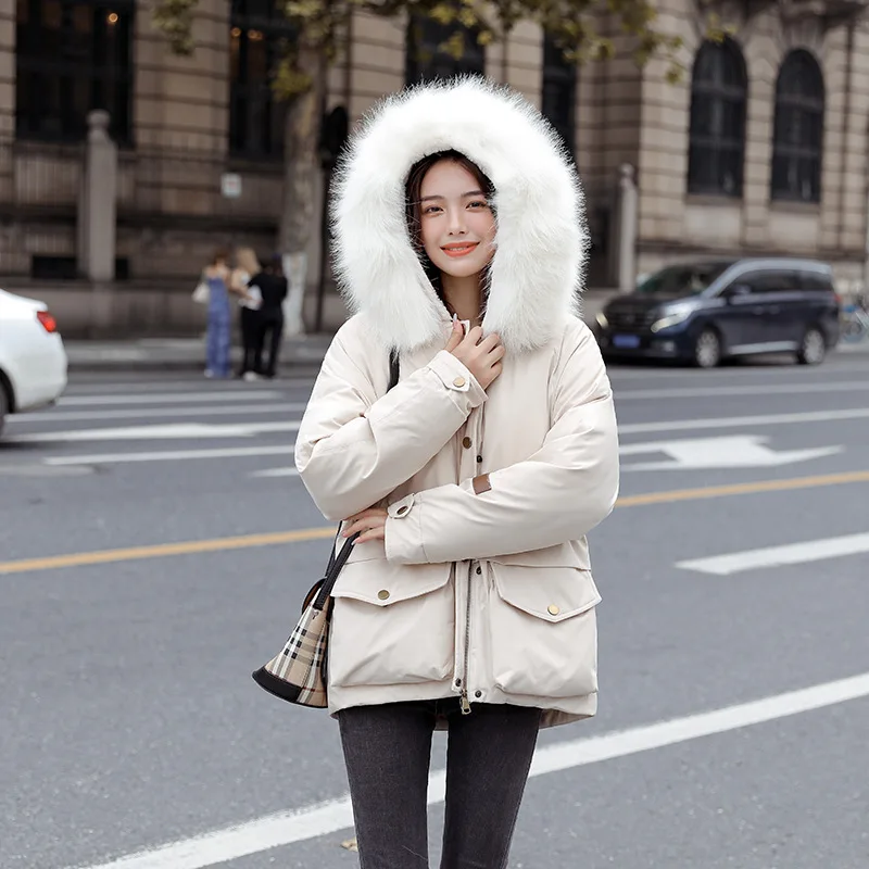Winter Coat Women  Jacket Korean Version of Short Big Fur Collar Pie Overcoming Loose Drawstring Waist Cotton-padded Velvet