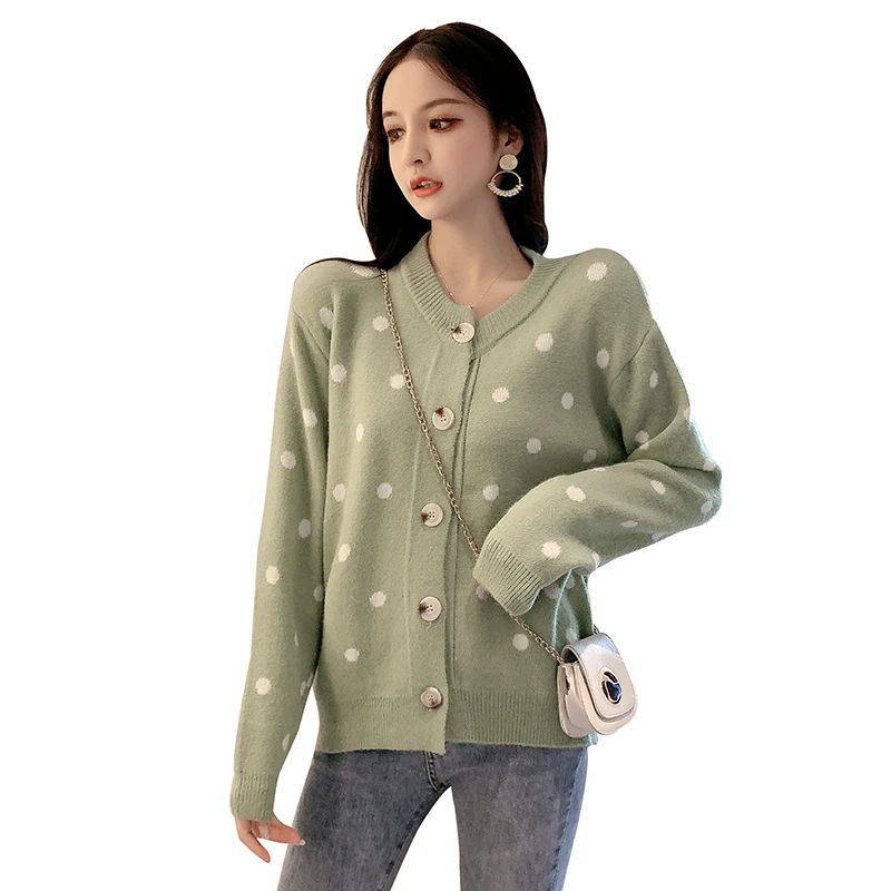 

Ailegogo New Spring Casual Women Cardigans Polka Dot Single Breasted O-neck Knitted Sweater Outwear Ladies Tops