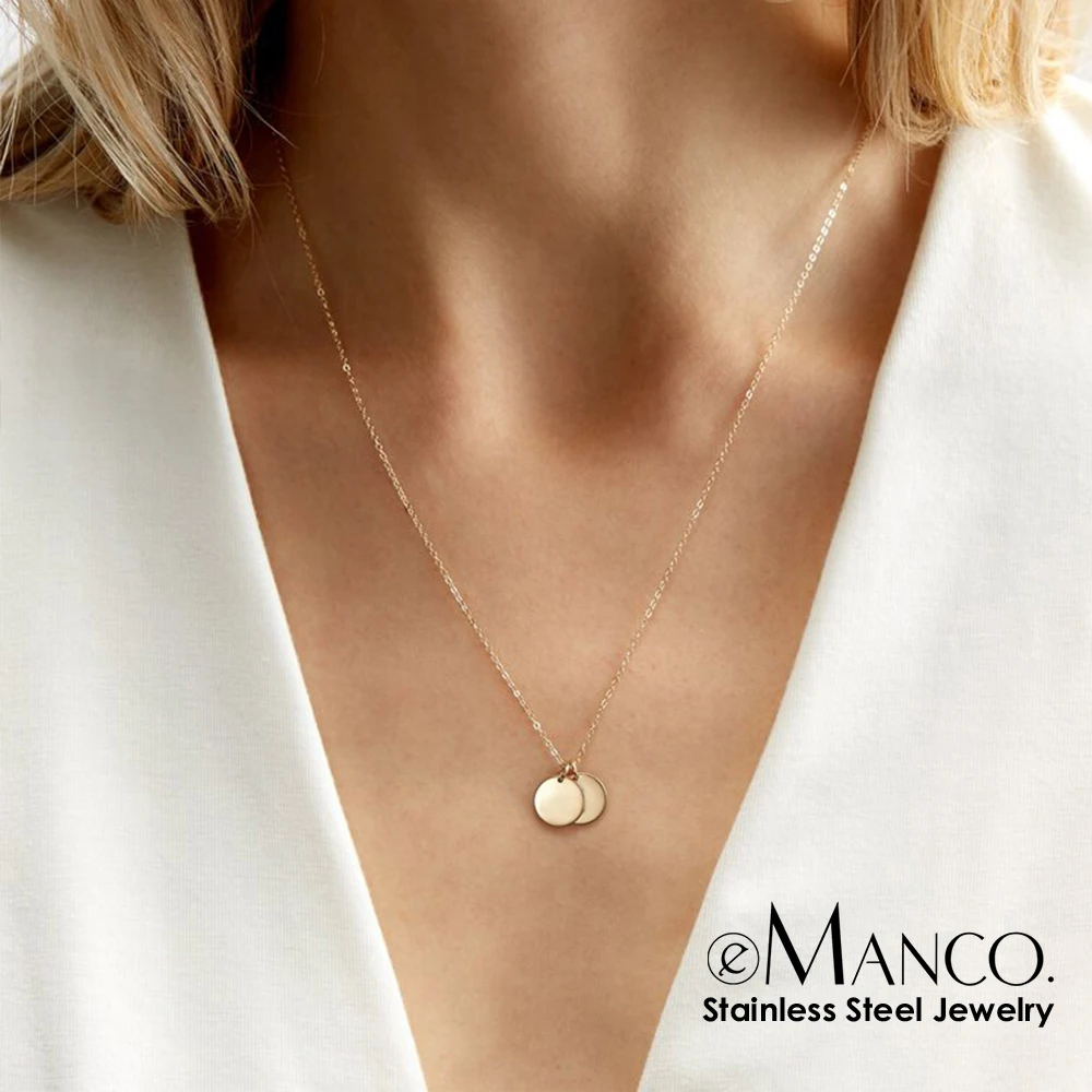 

eManco 9mm Polished Round Pendant Coin Necklace stainless steel Link Chain 14K Gold Smooth Disc Women jewelry Men Unique Jewel