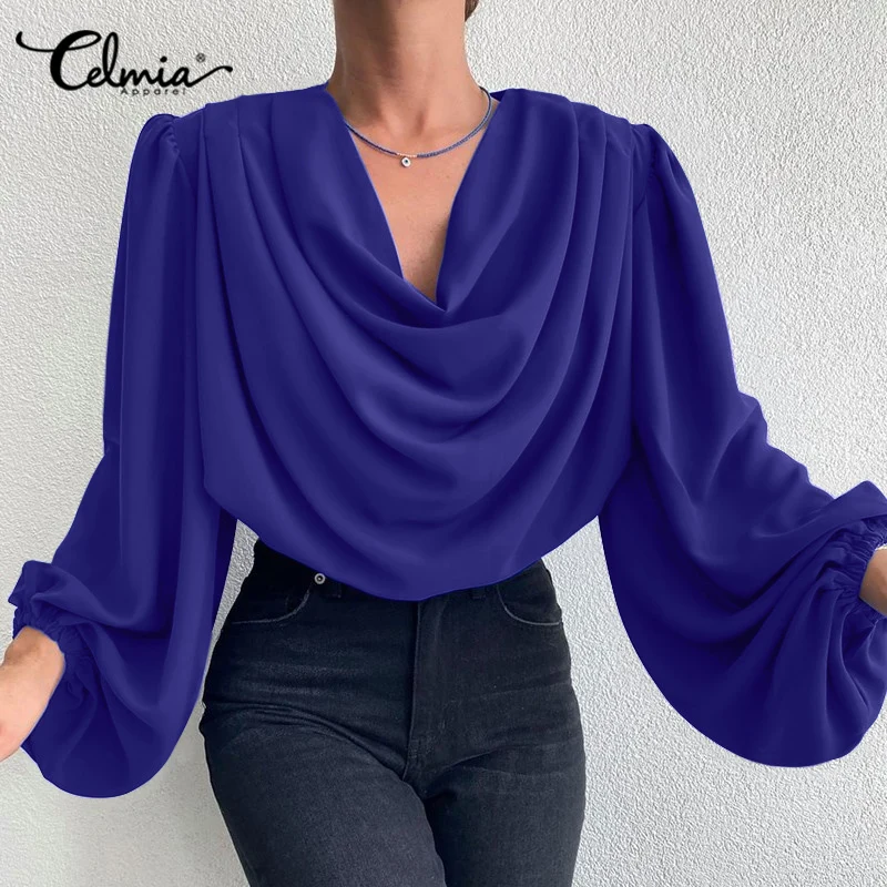 

Elegant Long Lantern Sleeve Women Blouses 2022 Fashion Cowl Neck Casual Shirts Celmia Autumn Office Solid Color Chemise Tops