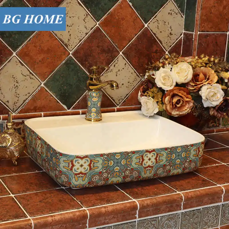 Квадратная раковина над счетчиком для дома ванной комнаты Европейский ретро