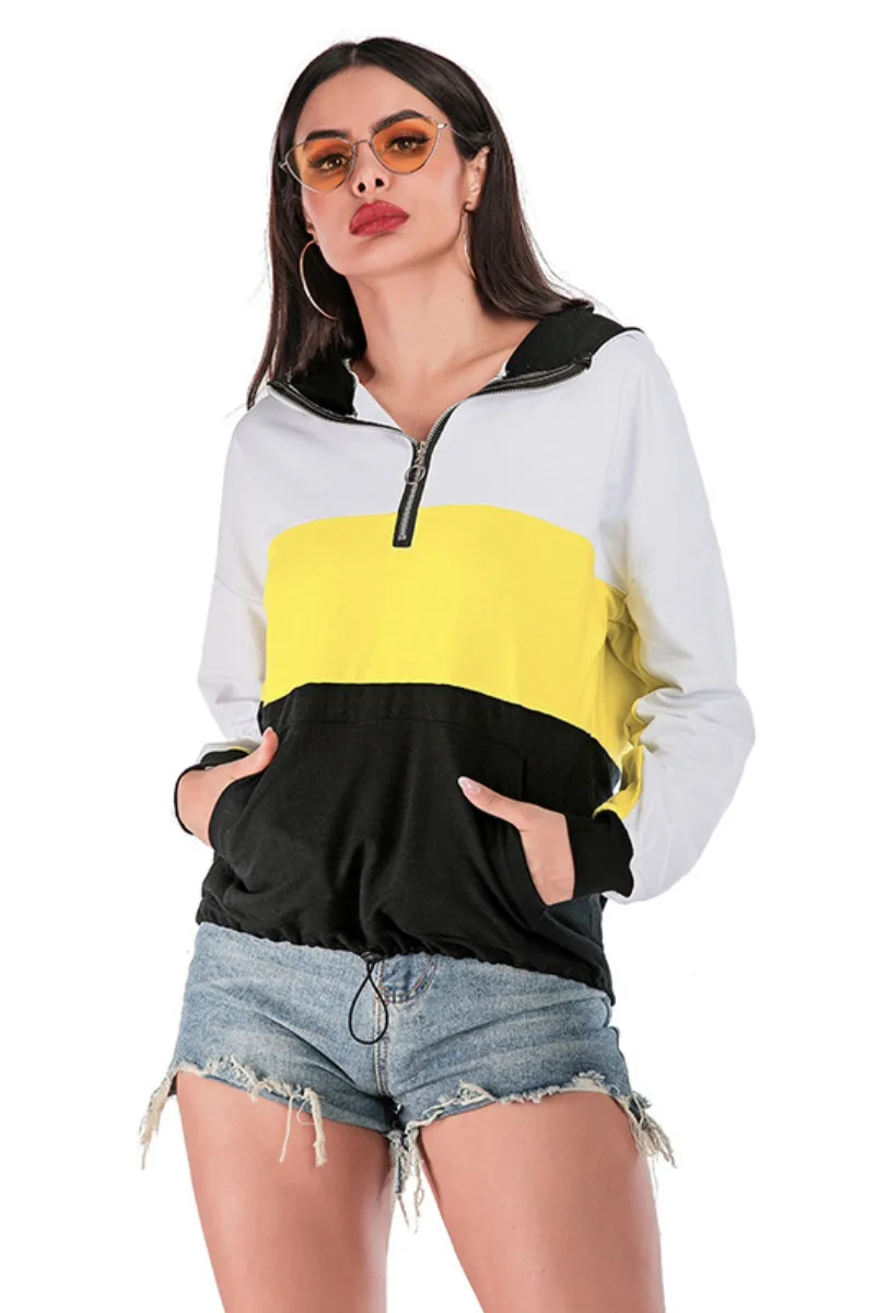 

Fashion Zipper Patchwork Hoodies Women Pullover Loose Sweatshirts Hooded Style