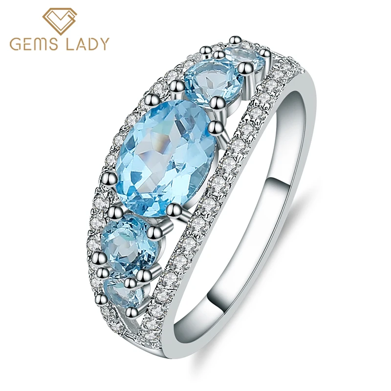 

GICA GEMA 2.55Ct Natural Swiss Blue Topaz Wedding Band Rings Real 925 Sterling Silver Gemstone Engagement Female Jewelry