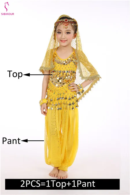 Yellow 2pcs Детский набор костюма для танца живота Восточные Танцевальные костюмы для девочек Египетский Болливуд индийский танец живота одежда Индия 8 цветов - Цвет: Yellow 2pcs
