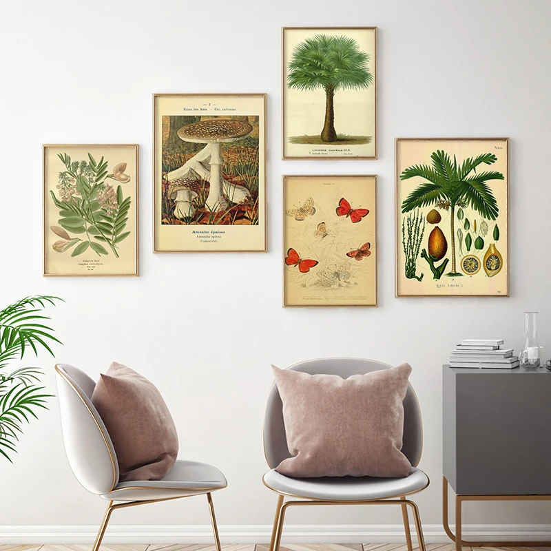 

Paleobios Retro Poster Plant Flower Butterfly Mushrooms Canvas Painting Wall Art Picture Canvas Oil Painting Vintage Home Decor