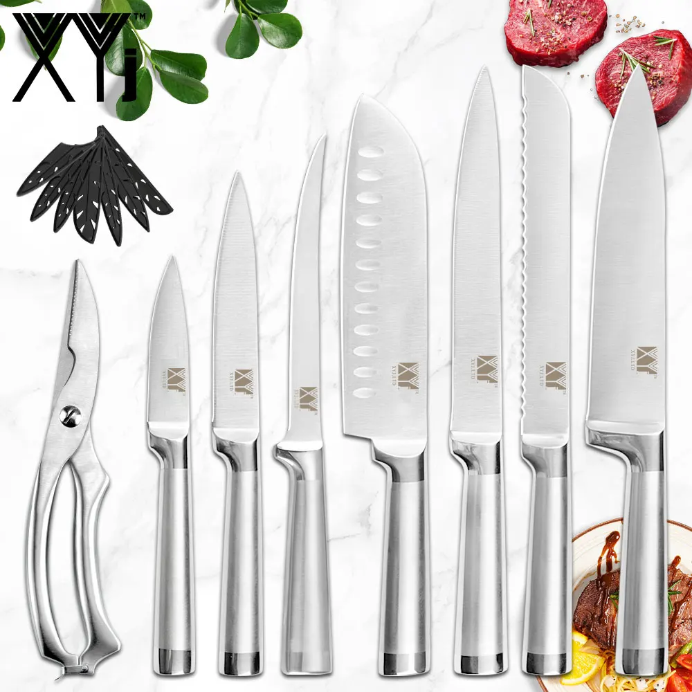 

XYj Stainless Steel Kitchen Knives Set Sharp Blade Cooking Chef Knives 8'' Knife Holder Stand Sharpener Bar Kitchen Accessories