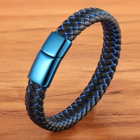 xqni classic luxury blue color leather combination stitching blue color simple buckle for stainless steel leather mens bracelet