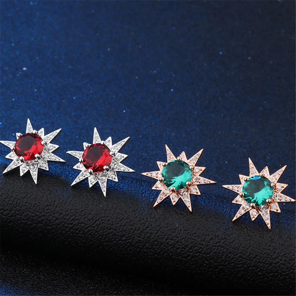 Серьги гвоздики с рубиновым Изумрудом и бриллиантами в форме звезды женские