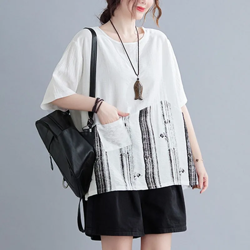 

Oversized Women Cotton Linen Casual T-shirts New Arrival 2021 Summer Simple Style Patchwork Print Loose Female Tops Tees S3906