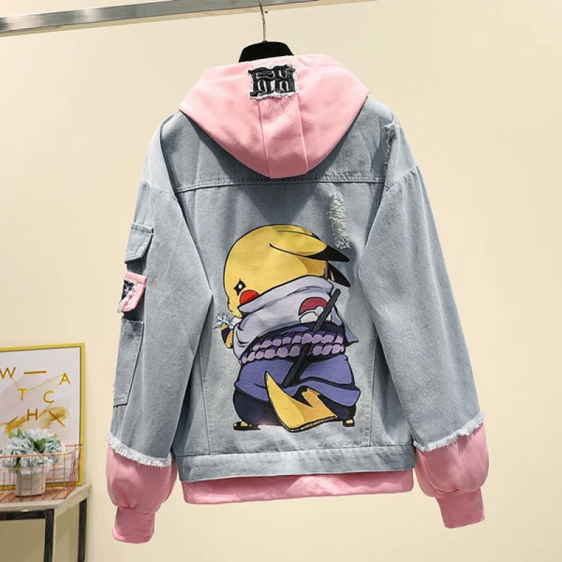 pink Neploe имитация двух частей с капюшоном джинсовая куртка для женщин корейский Свободный дикий осень зима Chaqueta Mujer отверстие патч 466732 - Цвет: pink