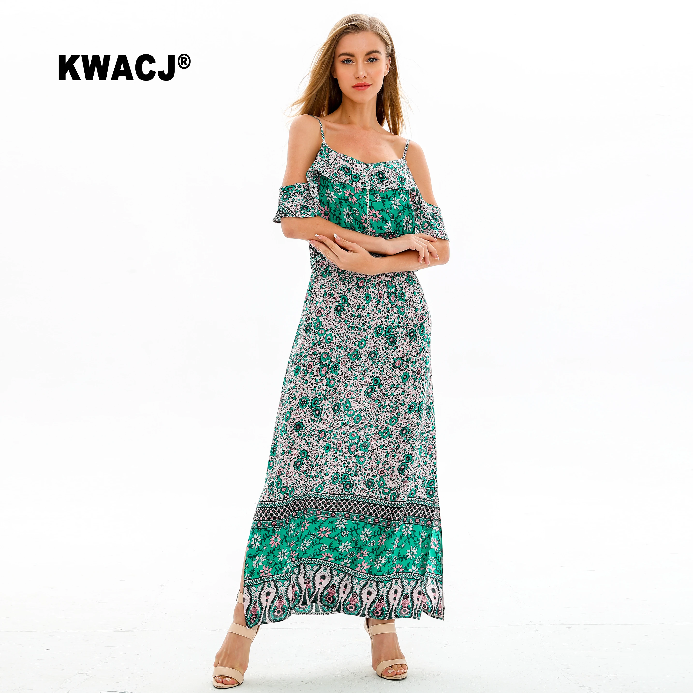 KWACJ зеленое Цветочное платье с открытыми плечами Boho ЖЕНСКИЕ НАРЯДНЫЕ ремни