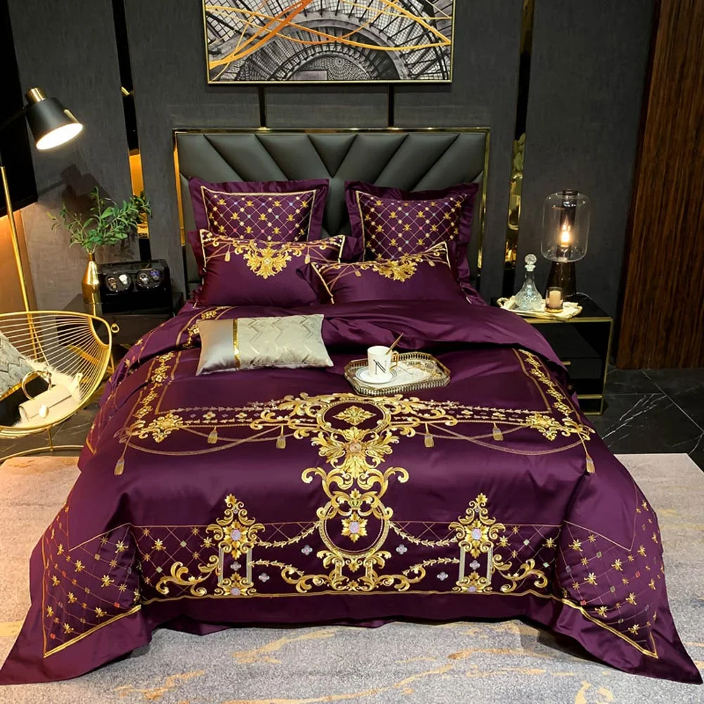 

Wine Red Home Textiles Egyptian Cotton Wine Golden Bedding Set Luxury Queen King Size Bed Sheet Set Embroidery Duvet Cover