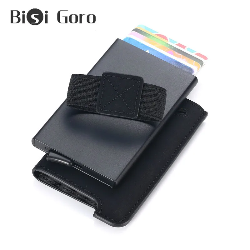 

BISI GORO RFID Blocking Men Credit Card Holder Minimalist Wallet Passes Metal Leather Card Bag Male Slim Bank Cardholder Purse