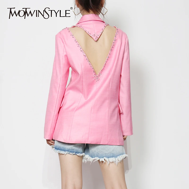 

TWOTWINSTYLE Backless Pink Blazer For Women Notched Long Sleeve Minimalist Casual Blazers Female Fashion New Clothing 2021 Style