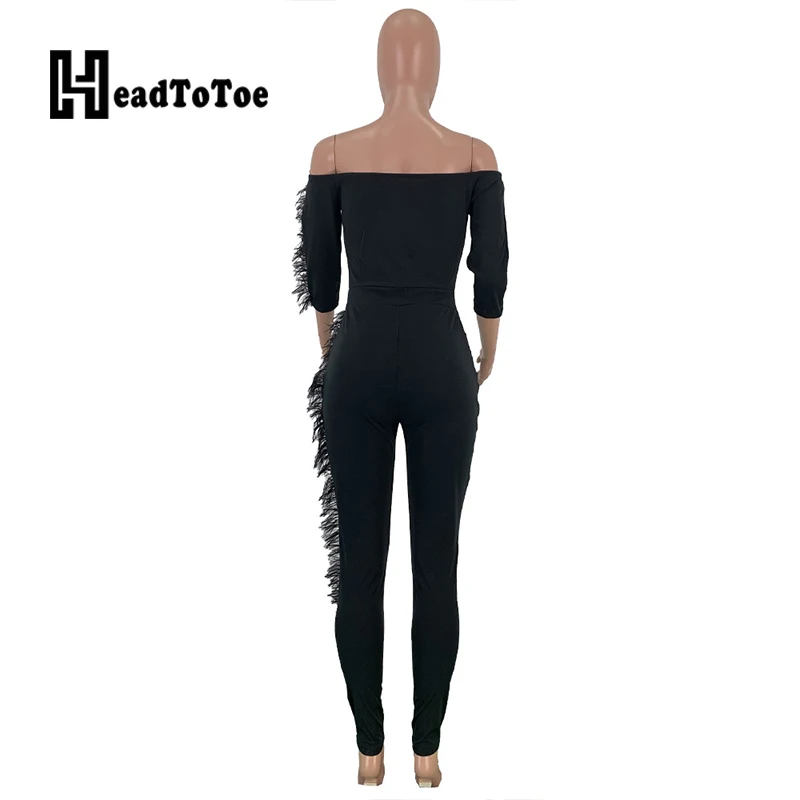 

Sexy Off Shoulder Slash Neck Feathers Design Skinny Rompers Women Jumpsuit Casual Solid One Piece Overalls