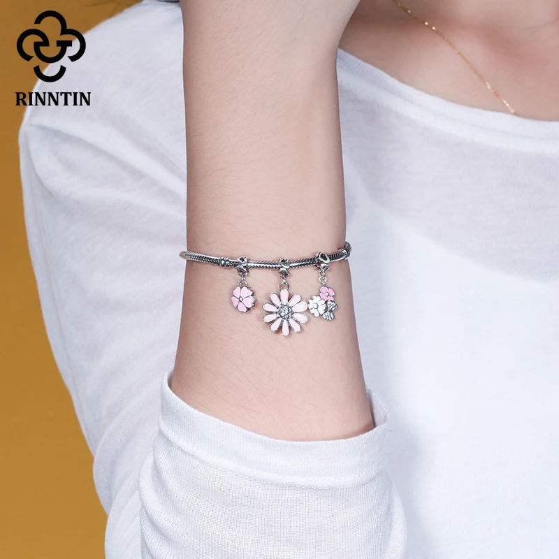 

Rinntin Pure 925 Sterling Silver Bead Luck Clover Shape Pink Enamel Lovely DIY Chain Bracelet For Girls Dating TCB43