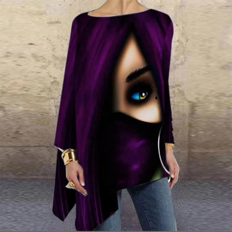 Women Fashion Tops Harajuku Shirt Aesthetic Clothes Ladies Long Sleeve Lrregular Shirts Graphic Tees Vintage Top Printed T-Shirt