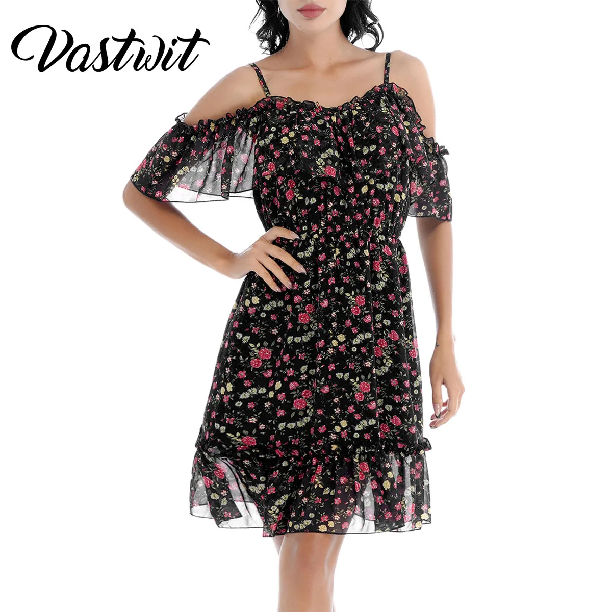 

Женское шифоновое мини-платье с открытыми плечами и цветочным принтом, летнее платье-трапеция средней длины на бретельках с оборками и рука...