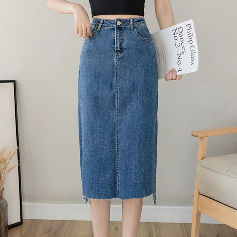 

2021 Summer Irregular Mid Skirts For Women Korean Fashion Office Lady Blue Elegant Vintage Denim Skirt Black New Arrivals