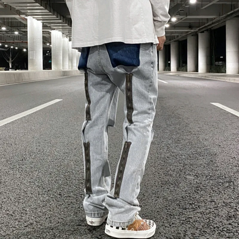 Джинсы мужские прямые на молнии сзади модные штаны с отверстиями для колен брюки