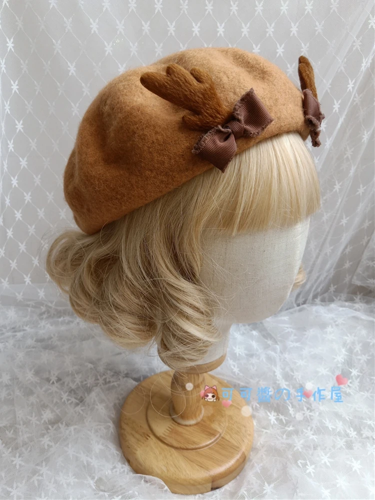 

NEW Lovely Lolita Girl Beret Hat Soft Sister Cute Christmas Deer Horn Bow Japanese Autumn Winter Thicken Painter Cap Baked Cake