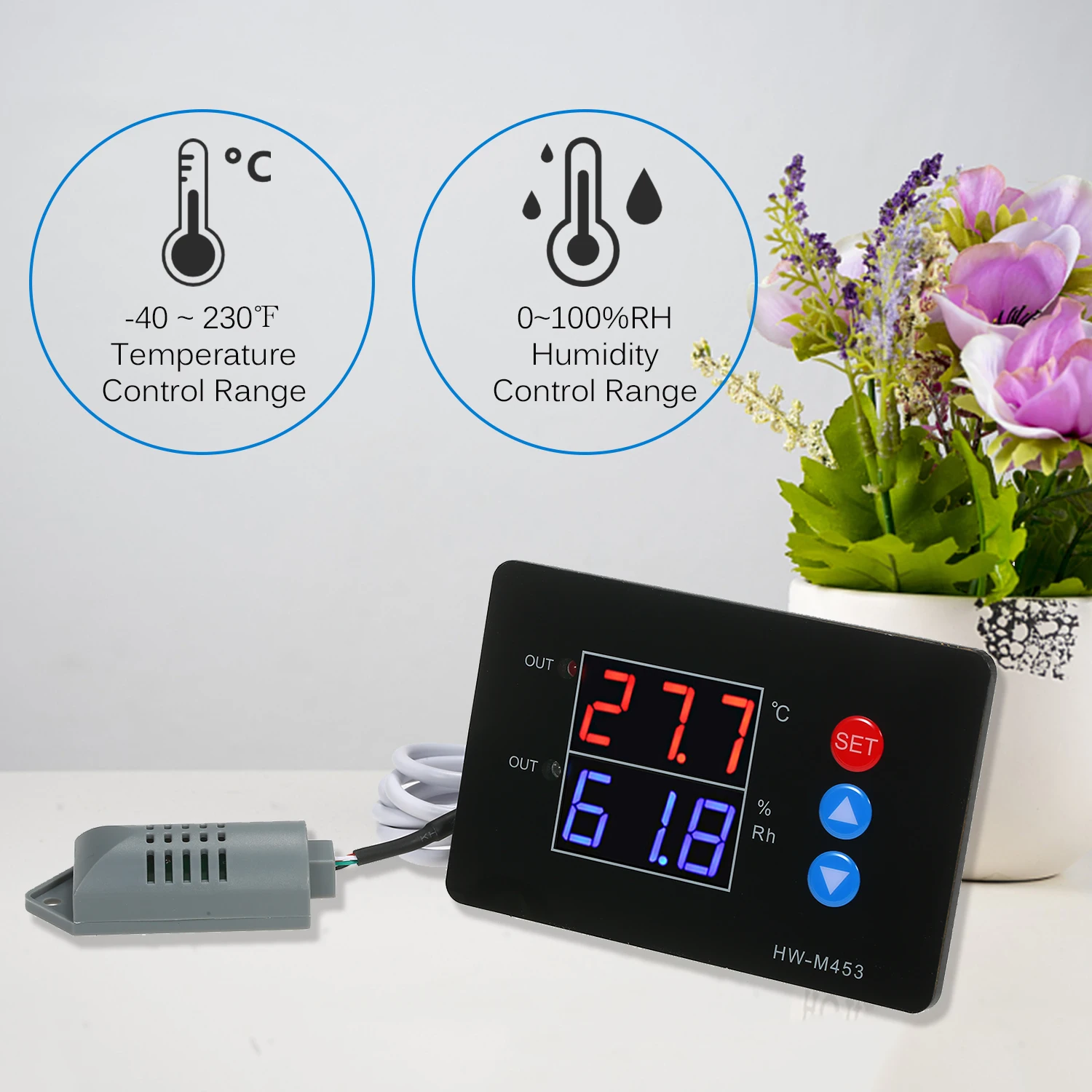 

DC12/24V Temperature Humidity Controller Dual Relay Output -40~230 Digital Thermostat Humidistat Controller with Sensor Probe