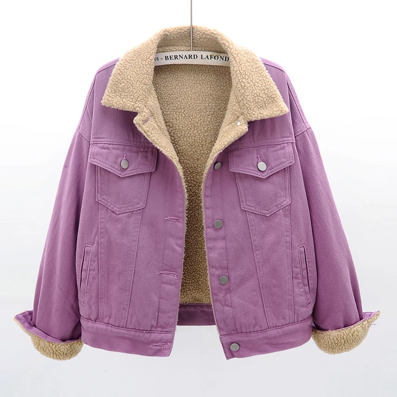 

2020 Winter New Women Lambswool Thicken Plus fleece Denim Jacket Single-breasted Female Warm Loose Candy color Short Outwear