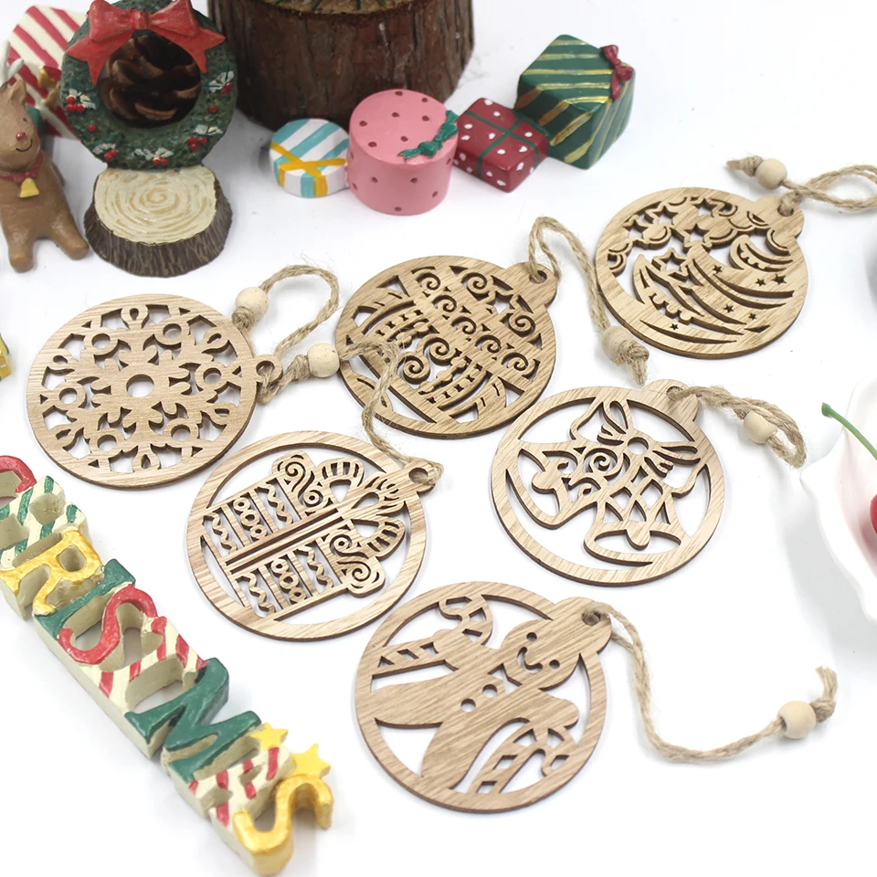 

12PCS DIY Gift Box Christmas Wooden Pendants Xmas Tree Ornament Vintage Wood Crafts Kids Gift for Home Xmas Party Decorations