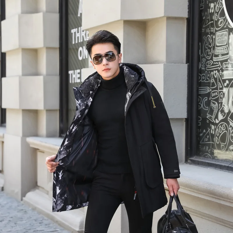 

Мужская куртка на утином пуху, черная длинная куртка с воротником-стойкой, для морозов до 30 градусов, 2019