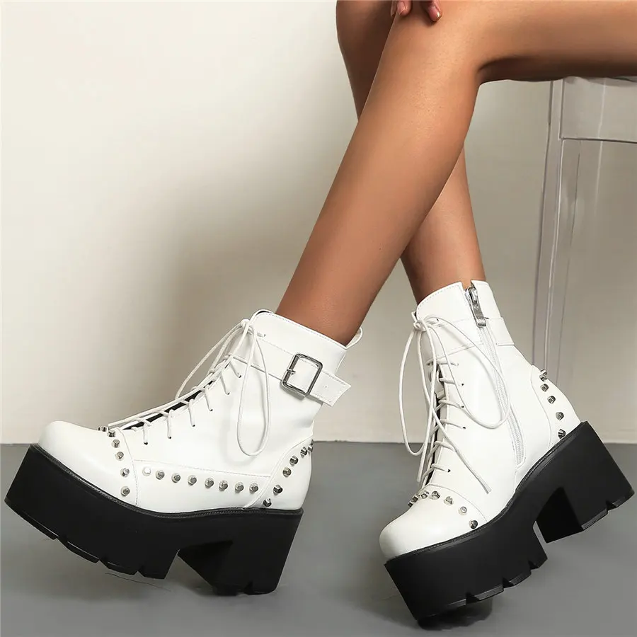 

Punk Rivets Shoes Women Lace Up High Heel Ankle Boots Female Round Toe Chunky Platform Pumps Shoes Goth Creepers Casual Shoes