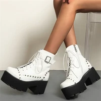 punk rivets shoes women lace up high heel ankle boots female round toe chunky platform pumps shoes goth creepers casual shoes