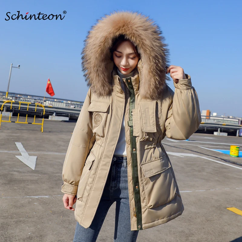 

Schinteon Women Real Fur Down Jacket Korean Style Autumn Winter Casual 90% White Duck Loose Over Size Coat Warm Outwear