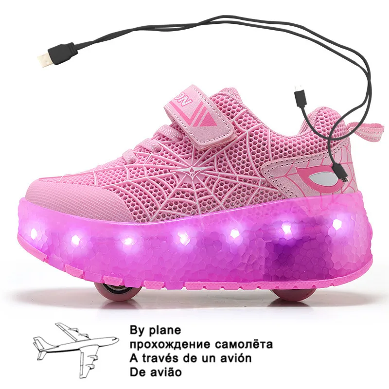 

Children Boys Luminous Glowing Pink Sneakers with Double Two Wheels Roller Skate Shoes Adult Kids USB Charging Shoes Pink Girls
