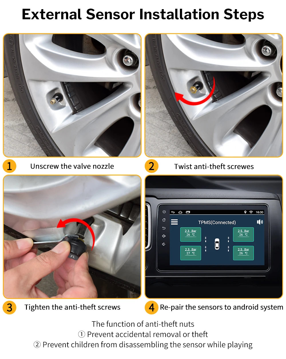 Deelife USB TPMS для Android автомобильный DVD с датчиком давления в шинах Система мониторинга Беспроводная запасная шина сигнализация ANDROID навигация