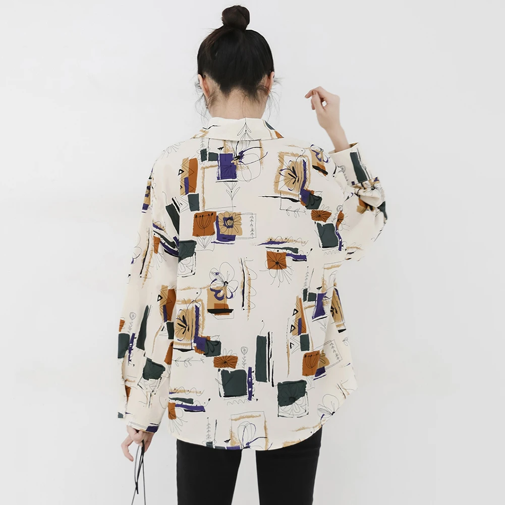 

Women Long Sleeve Flower Scrawling Blouse Chiffon Single-breasted Loose Shirt