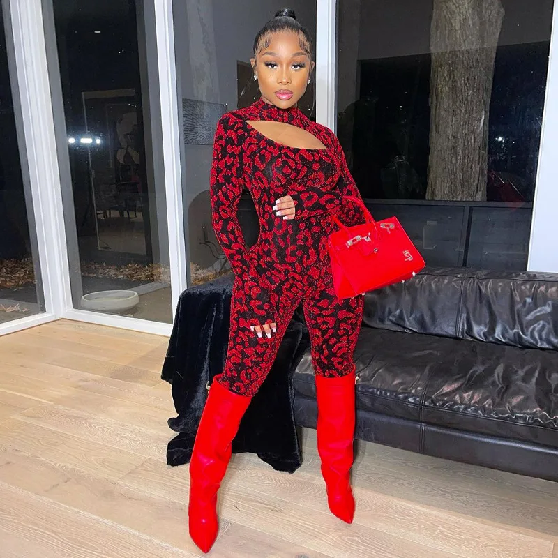 

CIBBAR Elegant Hollow Out Jumpsuit Women Long Sleeve Print Sporty Fitness Overalls Sexy Bodycon Party Outfits New Street Wear