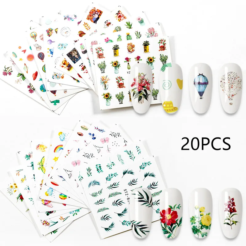 

20Designs Spring Theme Geometric Flower Leaves Nail Stickers Set Face Image Butterfly Fruit Decals Sliders Manicures Decoration