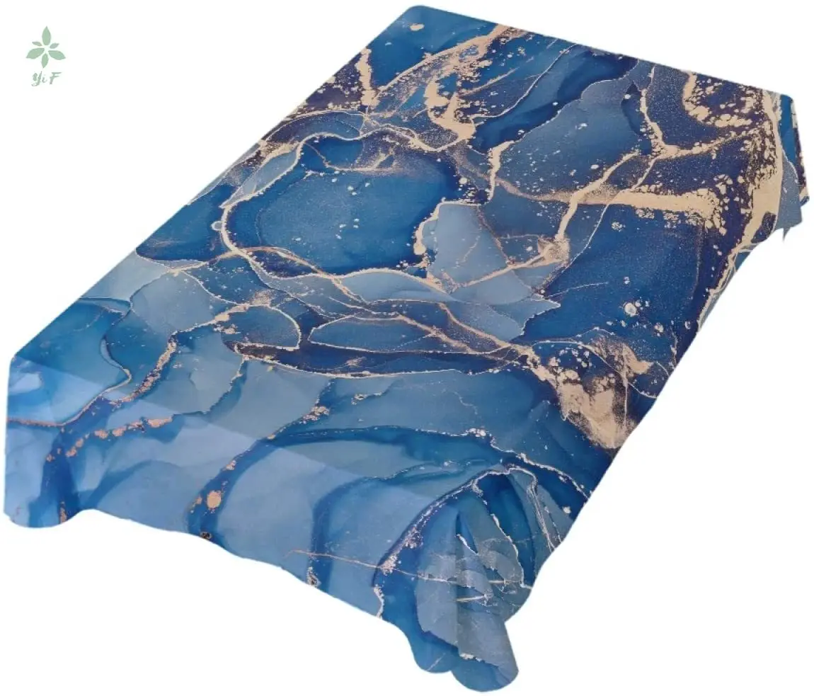 Прямоугольная скатерть Romanti с синими мраморными чернилами золотистая